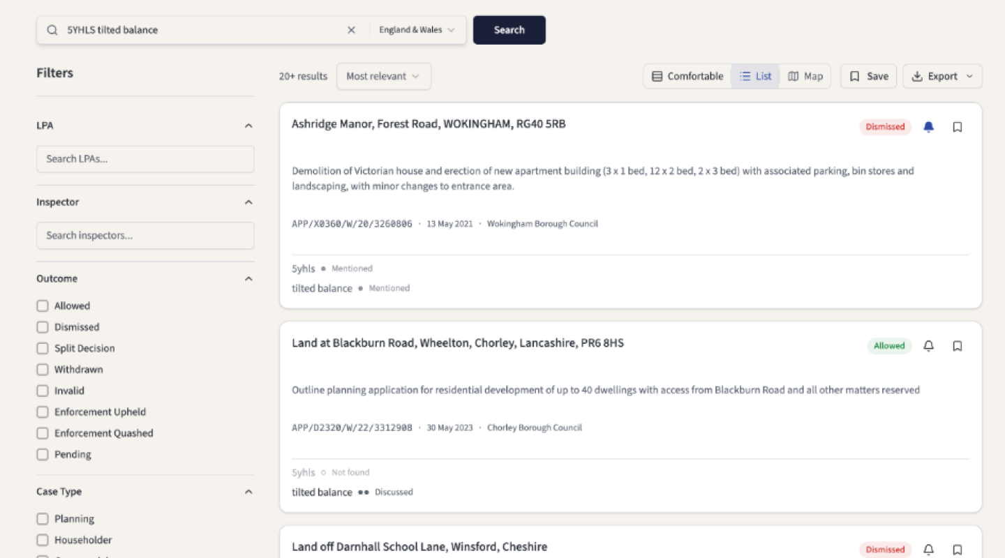 Search results for tilted balance allowed NOT traveller OR gypsy showing term match indicators, filter sidebar, and boolean query across England and Wales appeals