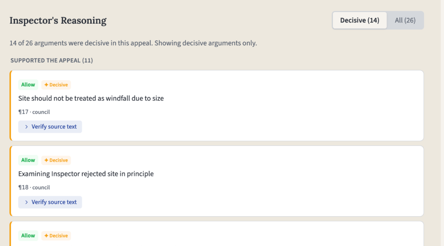 Inspector's reasoning showing 42 extracted arguments with decisive factors highlighted in amber, NPPF and local policy badges on each argument