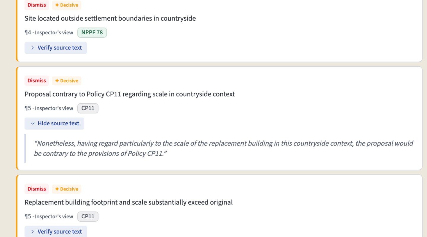 Expanded excerpts from the decision letter showing the inspector's words in grey blocks beneath each argument