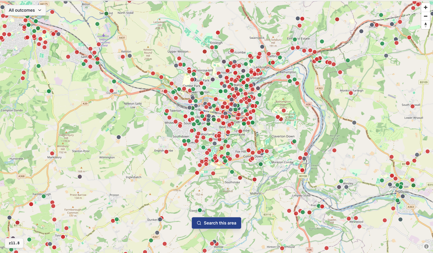 Zoomed-in map view showing individual appeal pins with outcome colours at street level