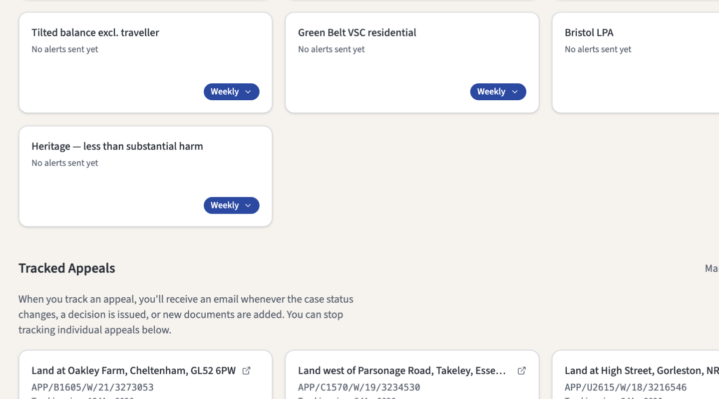 Alerts dashboard showing four active saved search alerts with weekly and daily frequency badges, and two tracked pending appeal cases with tracking dates